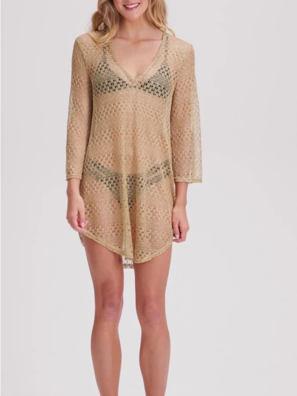 Elif for Jordan Taylor gold metallic V-NECK BELL SLEEVE TUNIC - ELANUR